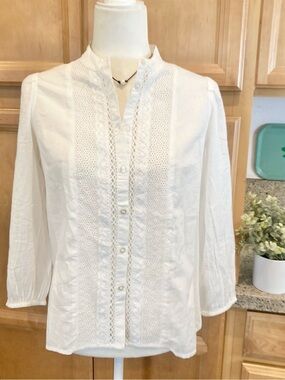 GAP White Lace-Trim Cottage Core Cotton Button Front Blouse